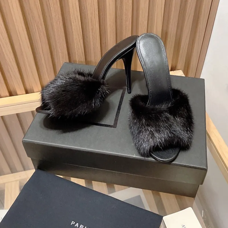 Mink Hair High-Heel Shoes trimmed open-back Sandals Casual Slippers High Heels Luxury Women Designer Dream round toe Sandal Ladies Wedding Woman Mule furry shoe