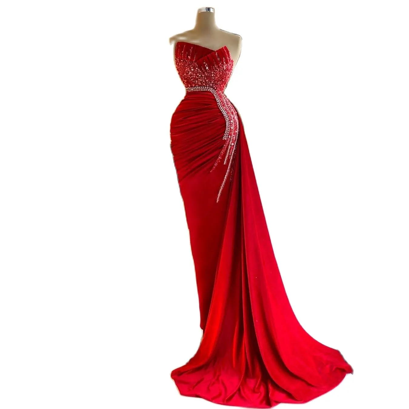 Vestidos de fiesta rojos Princesa Sin tirantes Sin mangas Bateau Apliques Lentejuelas de encaje 3D Cuentas Vestidos de noche de moda Vestidos de fiesta hasta el suelo Tallas grandes por encargo