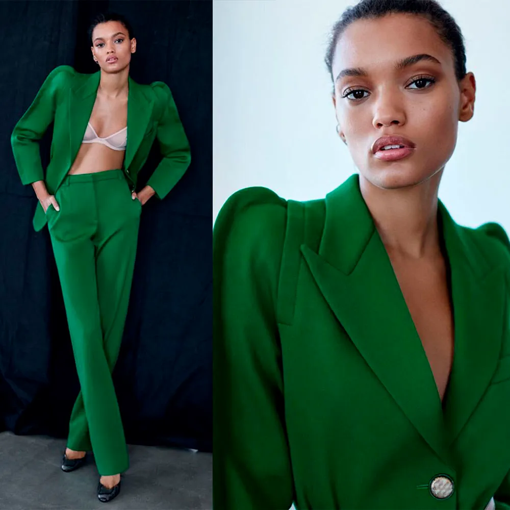 Hot Green Red Carpet Fashion Women Pants Suits med axelkuddar Slim Fit Prom Evening Party Wear 2 Pieces