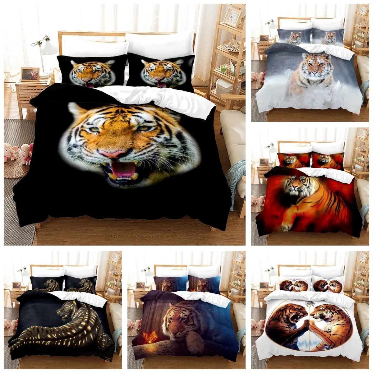 Set di biancheria da letto 3D serie Tiger Set copripiumino in poliestere per adulti e bambini con stampa della fauna selvatica Copripiumino super morbido in stile europeo e americano con federa