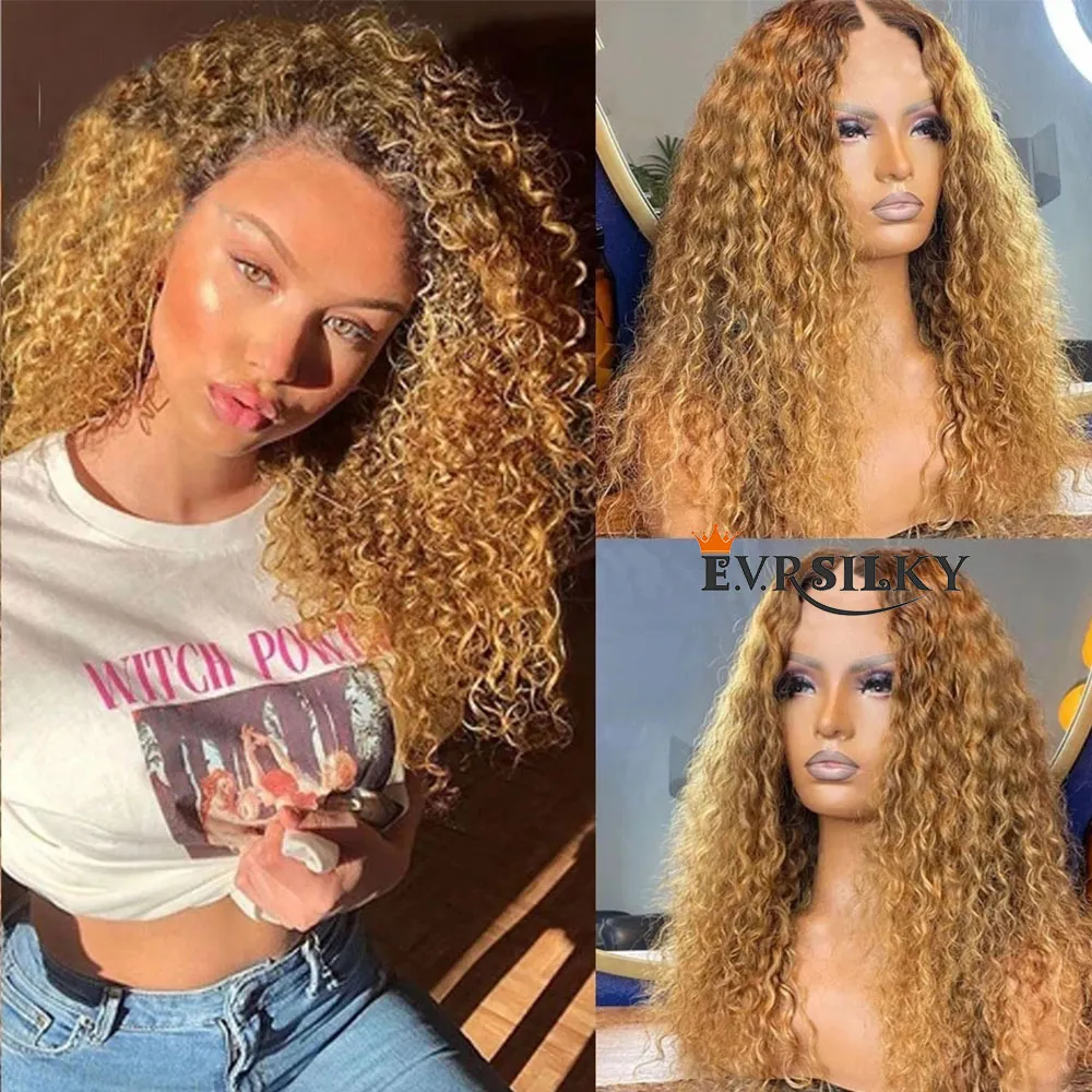 Ombre Honey Blonde Afro Kinky Curly Wig v Part Wigs100% 인간 머리 가발 처리되지 않은 탄력 컬 모양 Full Machine Made None Lace