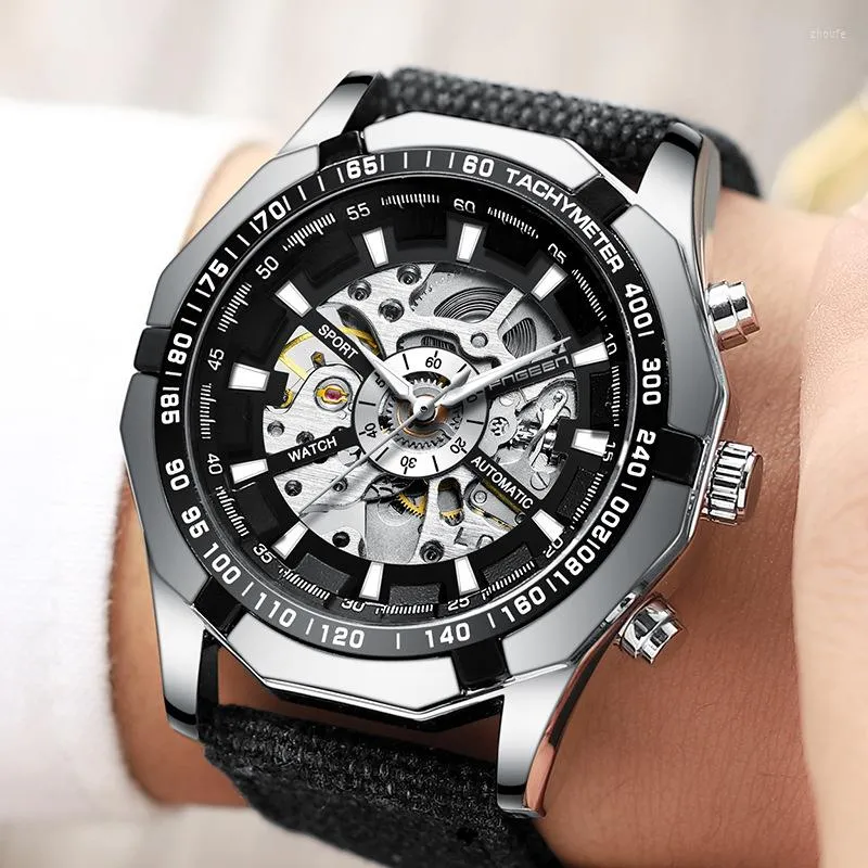 Wristwatches FNGEEN Mechanical Watch For Men Automatic Skeleton Mens Watches Top Leather Luminous Pointer Relogio Masculino