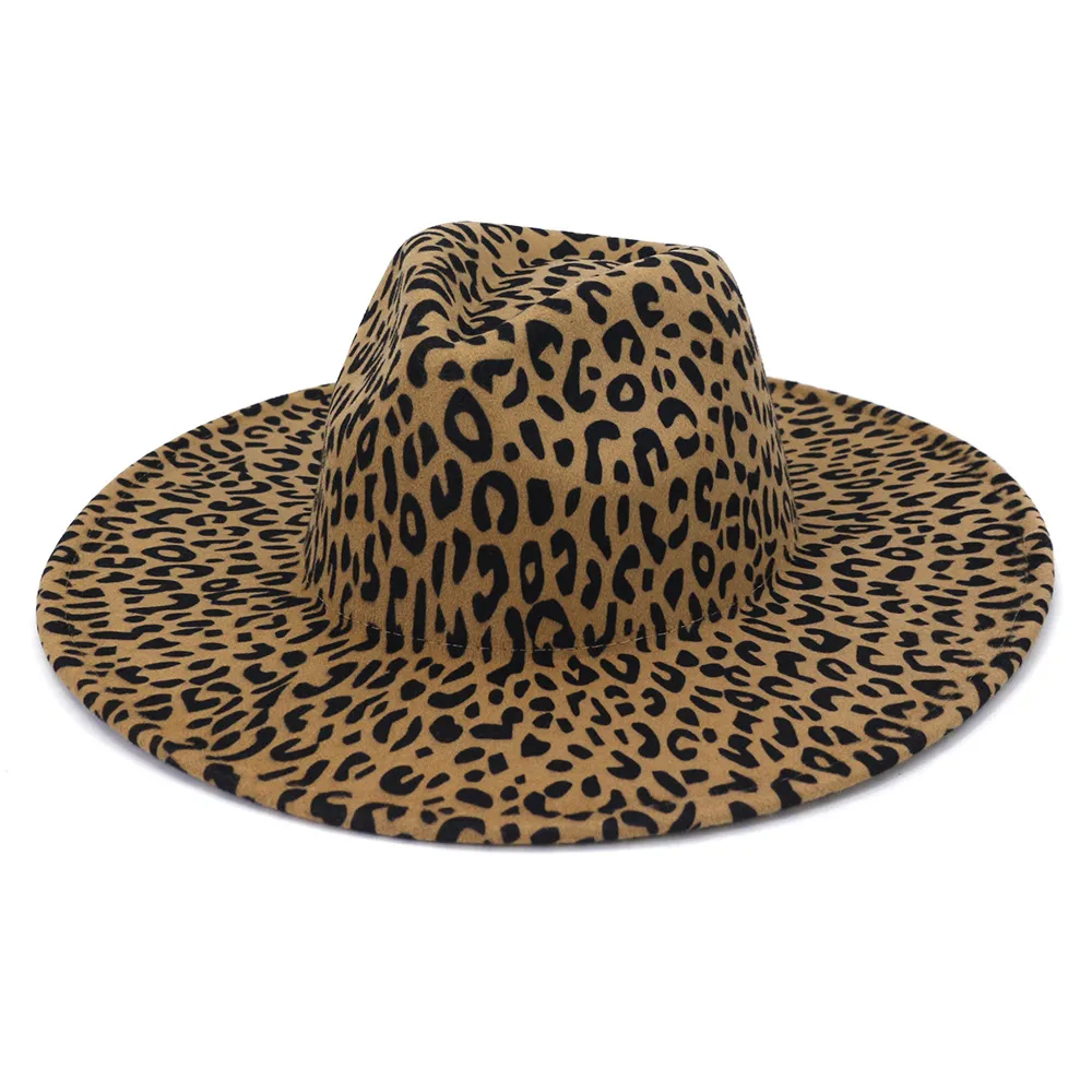 9.5cm Big Brim Leopard 프린트 모직 재즈 탑 모자 가을 가을 겨울 남녀 남성 Fedora 모자 여성 파티 캡 캡 솜브러 로스 드 Mujer