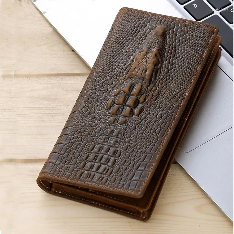 Wallets Men's Vintage Crocodile Genuine Leather Wallet Brown Cowhide Long Bifold Chain Snap With Phone Pocket Fashion Purse