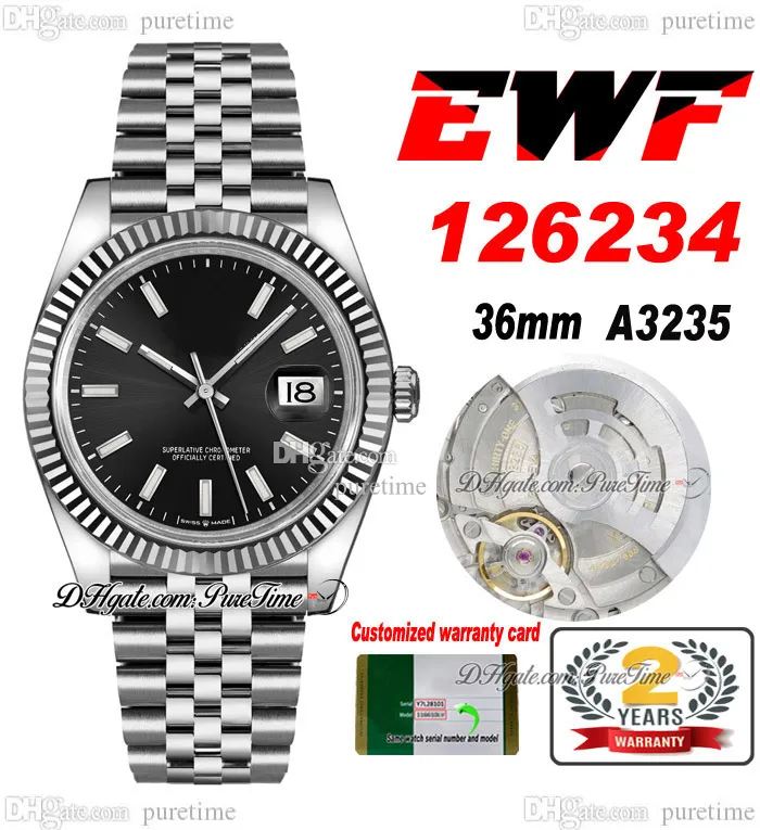EWF Just 126234 A3235 Automatic Unisex Watch Mens Ladies 36mm Fluted Bezel Black Stick Dial JubileeSteel Bracelet Super Edition Same Series Card Puretime B2