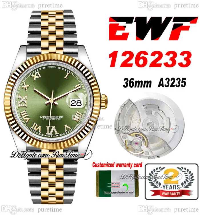 EWF Just 126233 A3235 Reloj automático unisex para hombre y mujer, 36 mm, dos tonos, oro amarillo, verde, esfera romana, pulsera JubileeSteel Super Edition, tarjeta de la misma serie Puretime A1