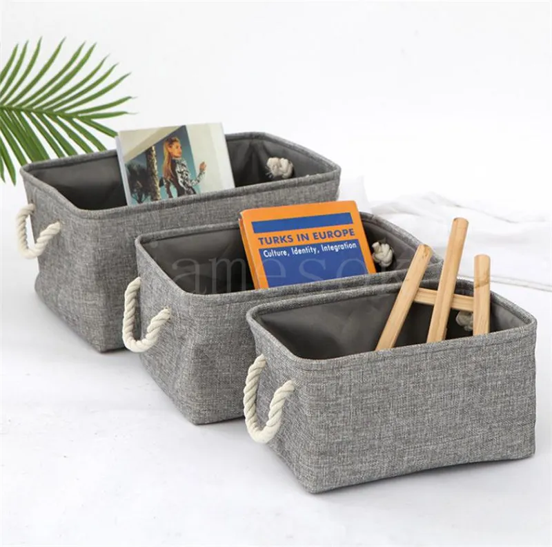 Solid color linen Sundries storage basket Folding fabric storage-basket Cotton linen storages sorting box de746