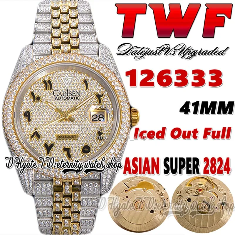 TWF V3 TW126333 CF126303 A2824 MENS AUTOMATICA Diamonds Dialtra araba Dialtra araba 904L Jubileesteel Iced Out Diamond Two Tone Bracciale Super Edition Orologi Eternity