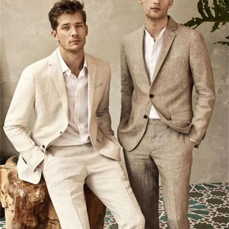 Men's Suits Blazers Costume Homme Linen Summer Beach Men Suit Groom Tuxedos Groomsmen Wedding Blazer Suits for Men Elegant 2 Pieces JacketPants 220909