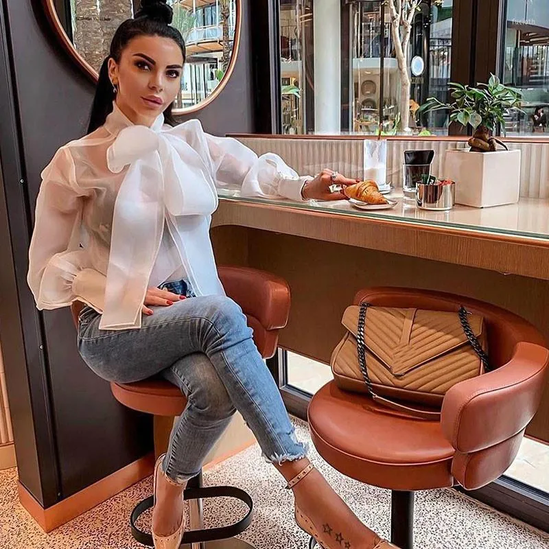 Kadın bluzları Yaz Bowknot Bow Tie organza beyaz şeffaf bluz Kadın Fener Kollu Gömlek Üst Ofis Lady Seksi Zarif Üstler Feminos