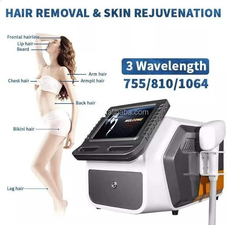 Ny kraftfull 810 Diode Laser Hair Removal Machine Skin Rejuvenation Ice Laser 755nm 810nm 1064nm smärtfritt med kylsystem