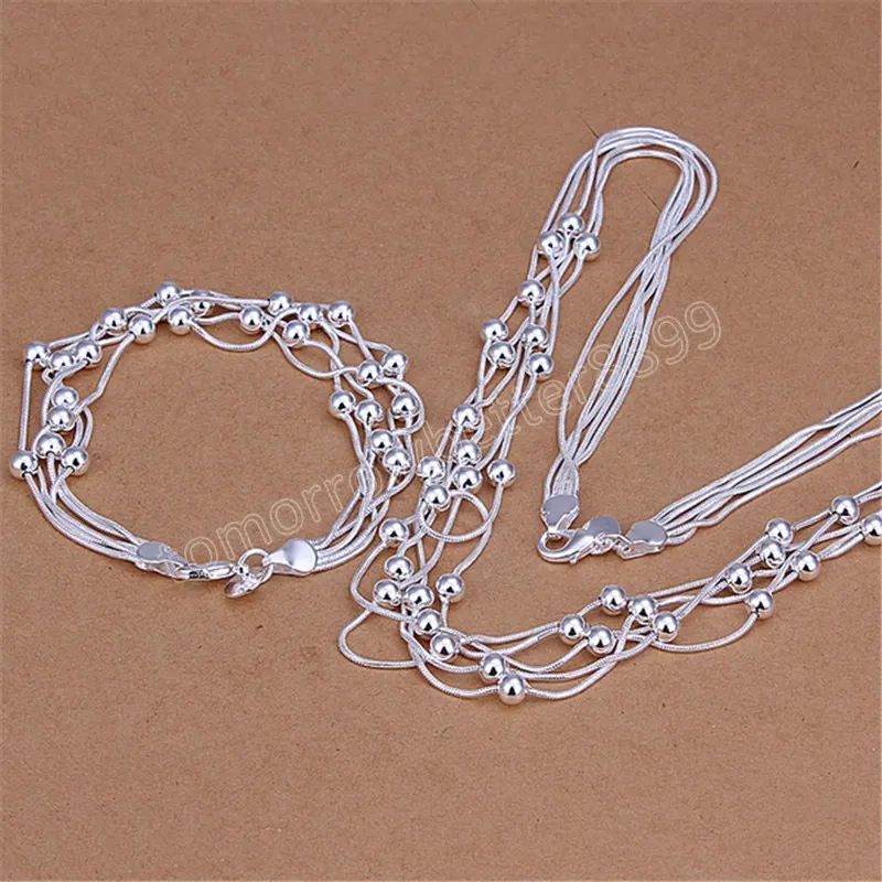 925 Farbe Silber solide Schmuck-Set Dame Hochzeit Mode europäischen Stil Kette Perlen Halsketten Armbänder Frauen