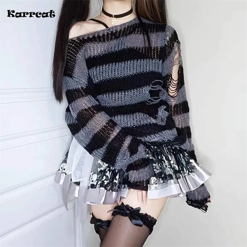 Women's Sweaters Karrcat Gothic Sweater Women Knitted Grunge Striped Pullovers Punk Hollow Out Loose Jumper Goth Alternative Clothing Emo Y2k Top 220909