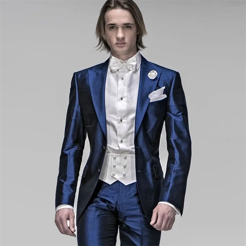 Erkek Suit Blazers Shinny İtalyan lacivert Satin Erkekler Takımlar İnce Fit Resmi Beyler Düğün Takımları Erkekler İçin Smokin Blazer 2 Parça Jacketpants 220909
