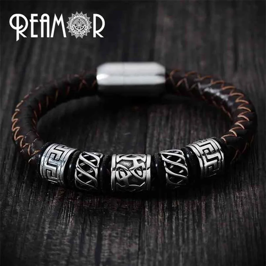 Reamor Men Men Black Leather Bracelet 316l Stains Stains Stains Viking Bead Bacelets with Strong Magnet Clasp 17-21cm 210918218z