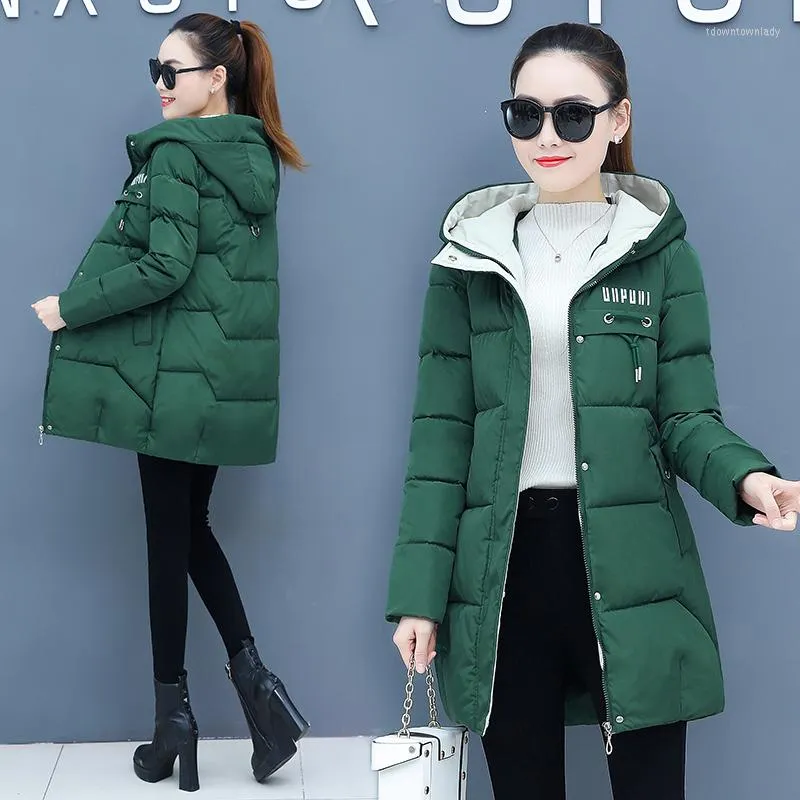 Femmes Trench Coats 2022 Hiver À Capuche Manteau Femmes Épaissir Lettre Coton Rembourré Veste Femme Chaud Long Neige Parkas Casual Lâche Outwear