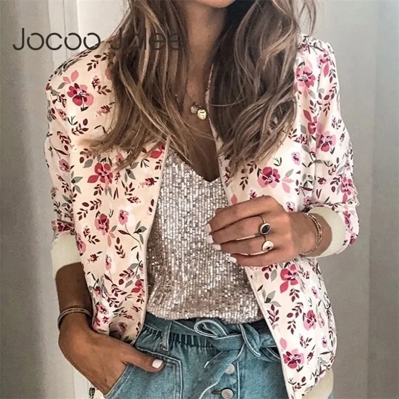 Bayan Ceketler Jocoo Jolee Sonbahar Çiçek Baskılı Ceketler Kadın Zarif fermuar Bombacı Ceket Sıradan Ofis Giyim İnce Ofis Ceket Retro Outwear 220908