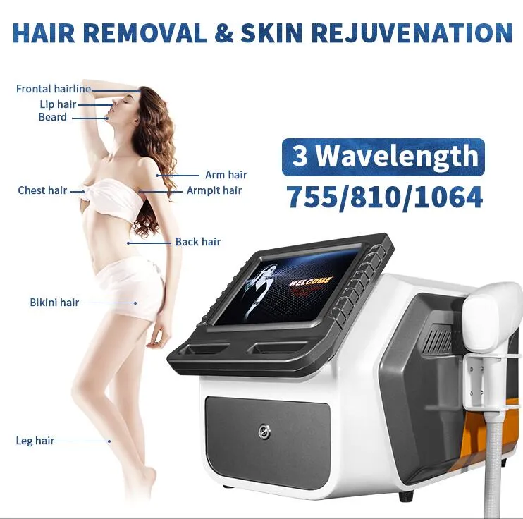 Remoção de cabelo a laser de diodo 808 bem recebida permanente 3 comprimento de onda 755nm 808nm 1064nm Skin Rejuvenesce