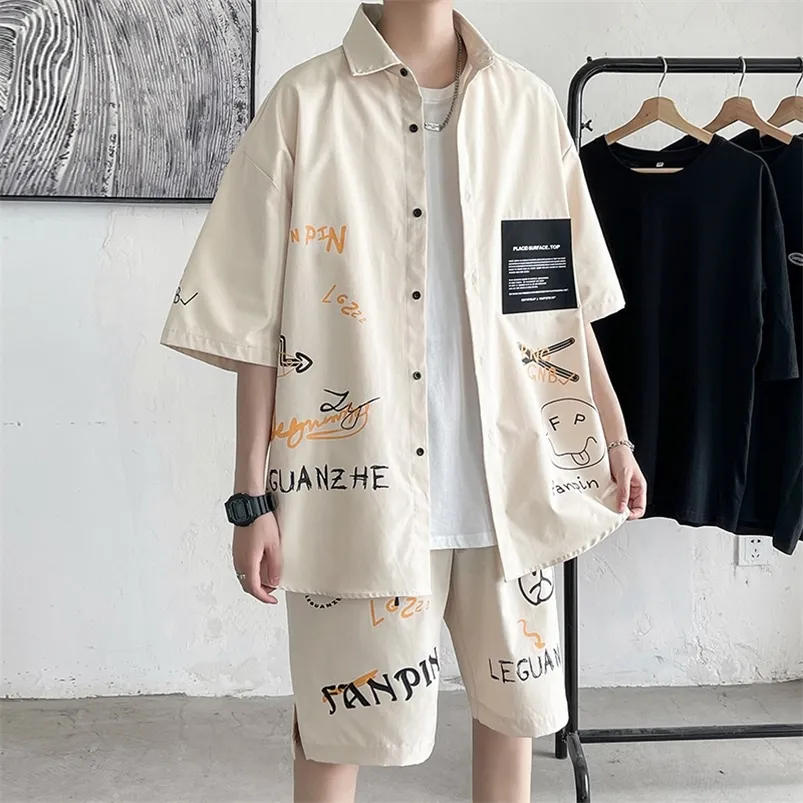 Men's Tracksuits Summer Shorts Sets Men Casual Letter Graffiti Print Short Sleeve Clothes Patchwork Large Size Shirt Suits Man Black Beige 220909