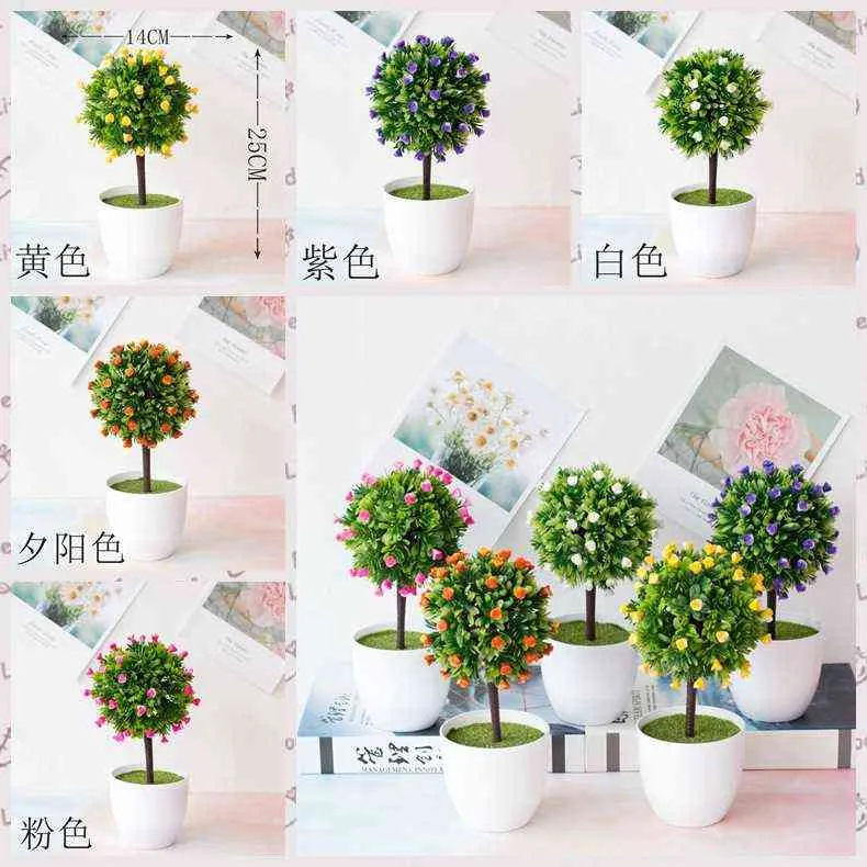 Faux Floral Verdure Vert Petit Arbre Bonsaï Mariné Avec Mini Roses Fleurs Pour La Maison Jardin Salon Salle De Bains Ornement De Bureau Faux Fleurs Bonsaï J220906