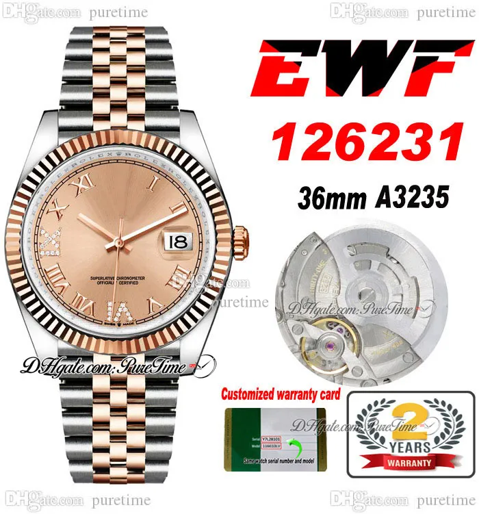 EWF Bara 126231 A3235 Automatisk unisex Watch Mens Ladies 36 Two Tone Rose Gold Champagne Roman Dial Jubileesteel Armband Super Edition Samma Series Card Puretime E5