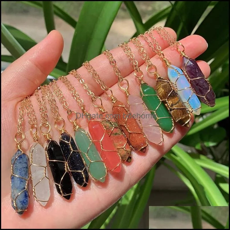 Pendant Necklaces Wire Wrap Reiki Healing Crystal Stone Pendant Chakra Rose Tiger Eye Gold Choker Necklaces Wholesale Energy Pendants Dh9Av