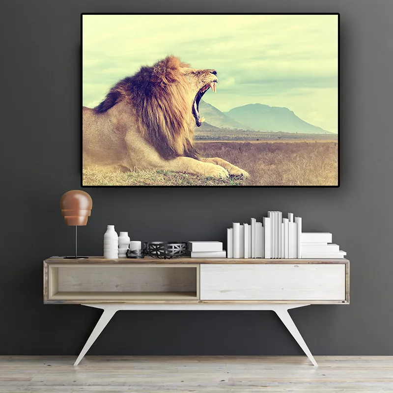 Canvas Målning Howl Lion Wild Animals Landscape Scandinavia Affischer and Prints Cuadros Wall Art Pictures for Living Room Decor