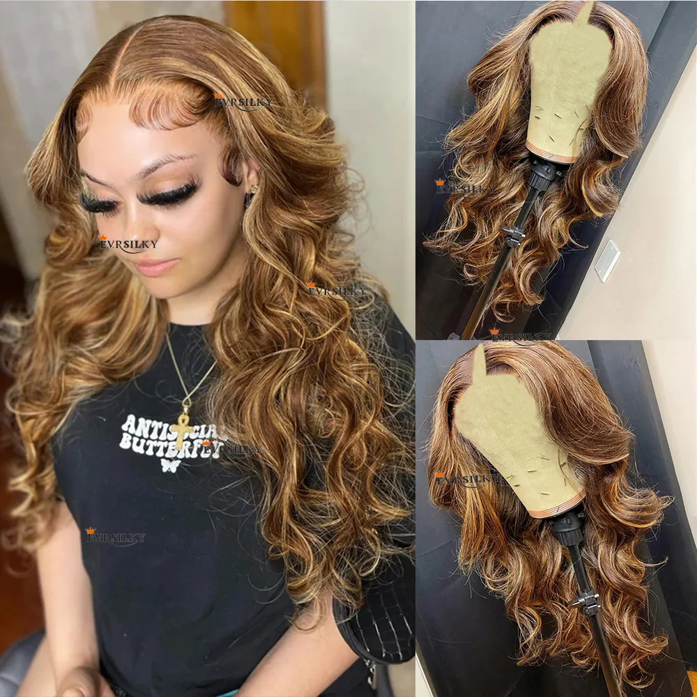 Highlights Honey Blonde wig Loose Wavy V Part 100% Human Hair Wigs Ombre Golden Brown Strawberry Water Wave Full U Shape No Glue Wig