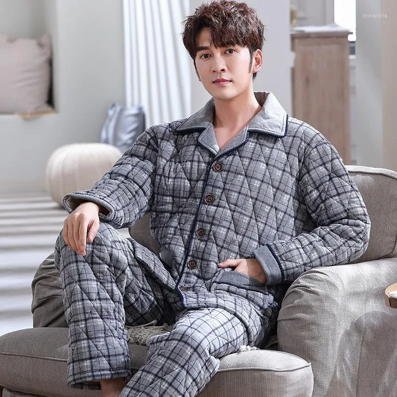 Men's Sleepwear Knit Cotton Padded Men Thick Big Yards L-3XL Winter Pajamas Set Homme Peignoir Pyjamas Warm Quilted Gray Plaid Mens