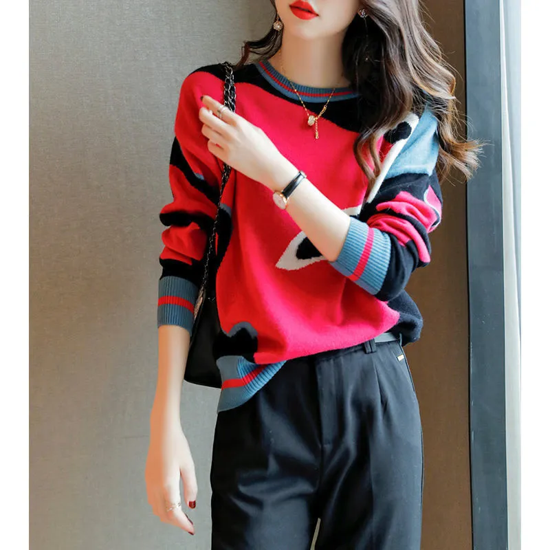 Women s Sweaters Spring Autumn Pullovers Fashion Wild Lazy Loose Color Matching Knitted Bottomed Jumper Female Long Sleeve Tops 220908