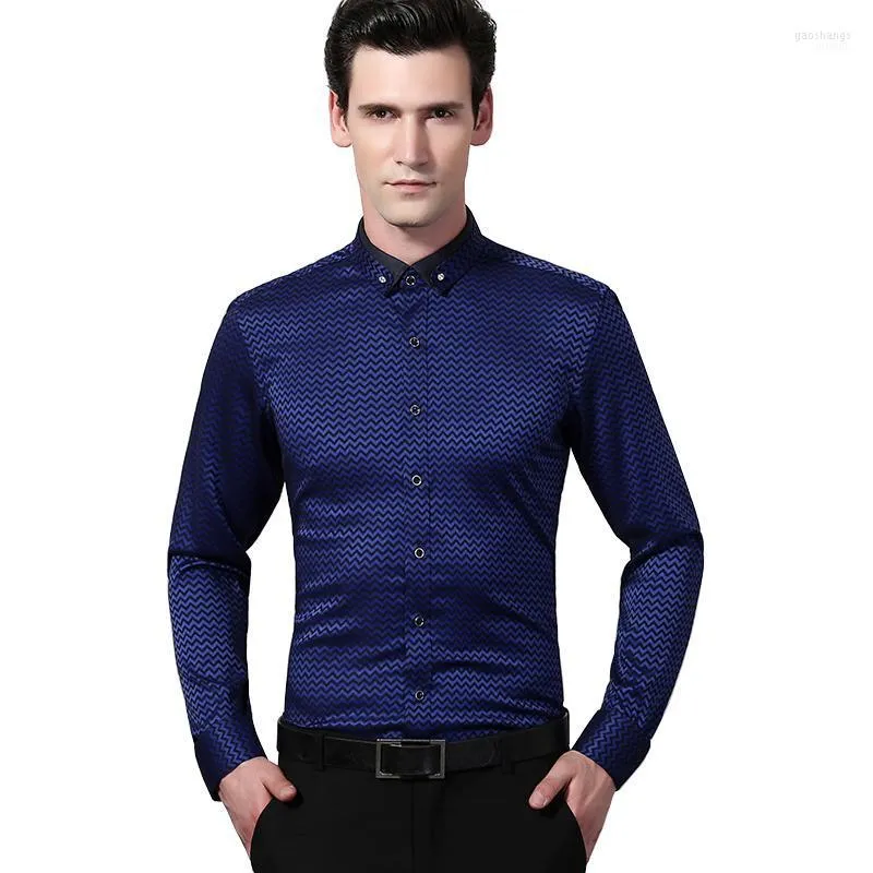 Men's Dress Shirts Wholesale- Spring 2022 Men's Wave Stripe High-Quality Slim-fit Long Sleeve Diamond Buckle Unique Button-Down Shirt1