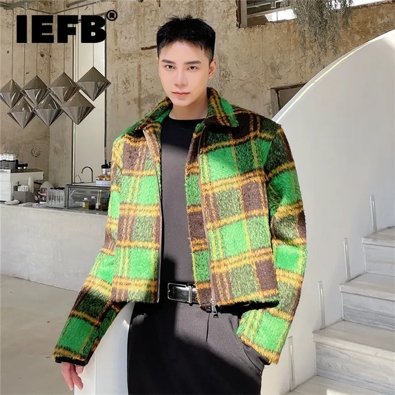 Men's Wool Blends IEFB men's autumn winter Woolen Plaid short jacket vintage fashion Lapel zipped coat long sleeve colorblocked clothing 220909