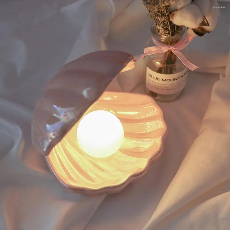 Night Lights Ceramic Shell Lamp With Pearl Ins Japanese Style Streamer Mermaid Fairy Light Bedside Home Decoration Birthday Xmas Gift
