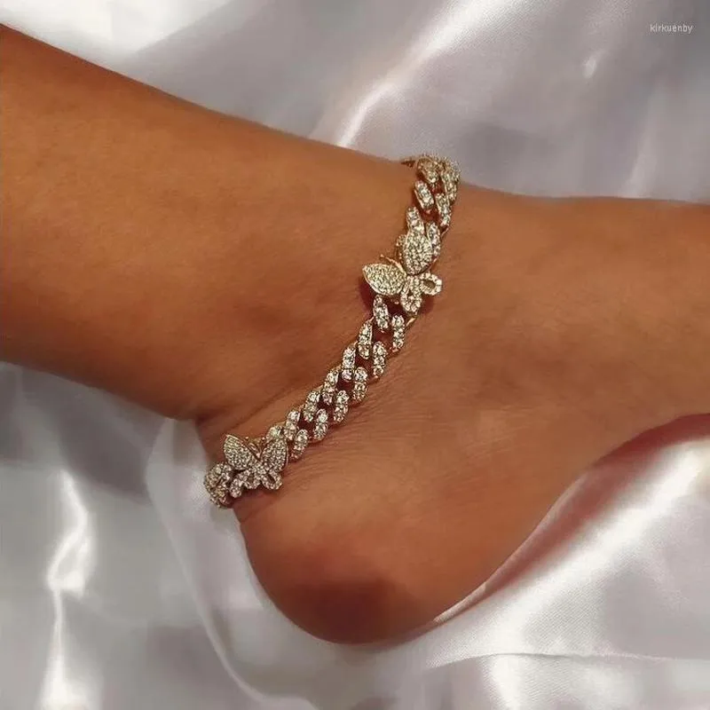 Anklets 2022 Summer Fashion Bling Sparking Clear 5a Cz Butterfly Charm Anklet for Women Girl Luxury Full Iced Out Jewelry