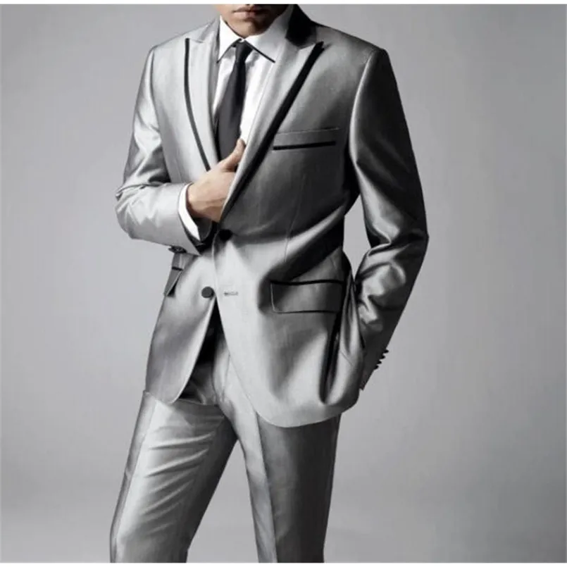 Herenpakken Blazers Est Groomsmen Shiny Silver Gray Groom Tuxedos Rapel Men Suits Wedding/Prom Man Blazer JacketPantstie 220909