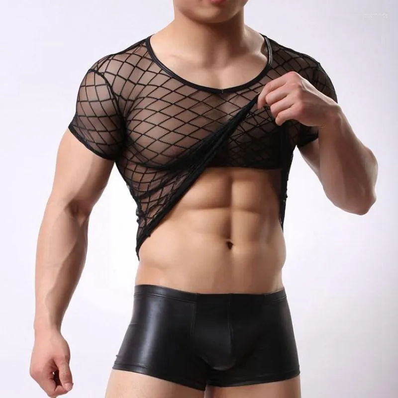 Vêtements de nuit pour hommes Fad Hommes Chemises en filet transparent rhombique Sous-vêtements sexy Gym Voir à travers les débardeurs Boîte de nuit Lingerie érotique Vêtements