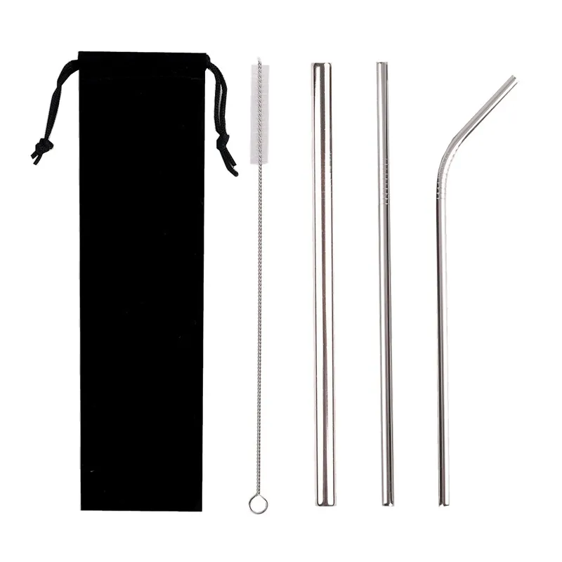 Reusable Stainless Steel Straw Set Straight Bent Pipe Cleaning Brush 5Pcs Metal Drinking Straws Set