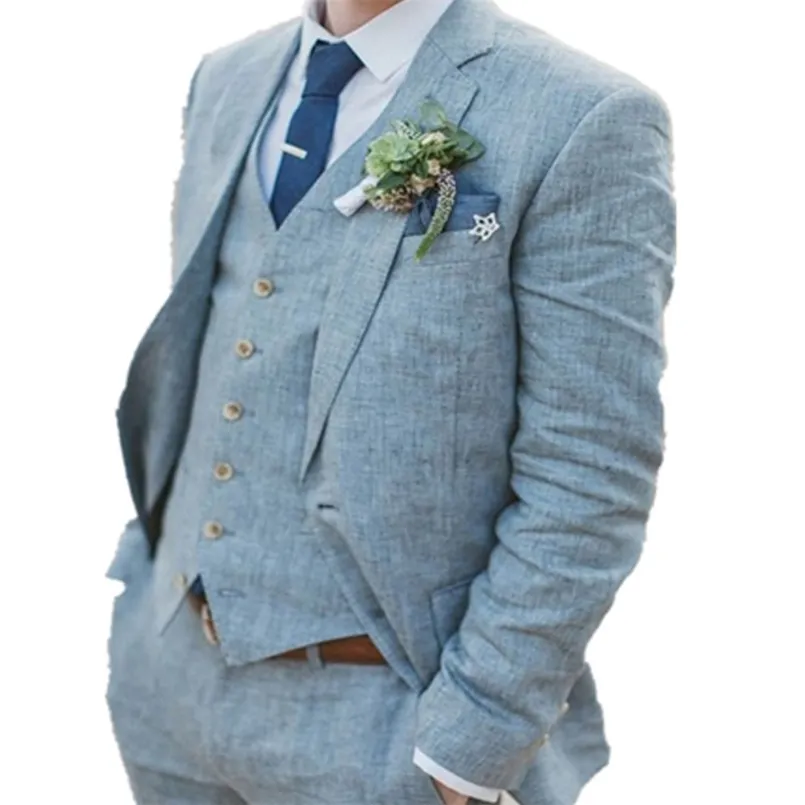 Costumes pour hommes Blazers Bleu clair Lin Groom Tuxedo pour mariage 3 pièces Costumes pour hommes personnalisés avec revers cranté Outdoor Man Fashion Veste Gilet avec pantalon 220909