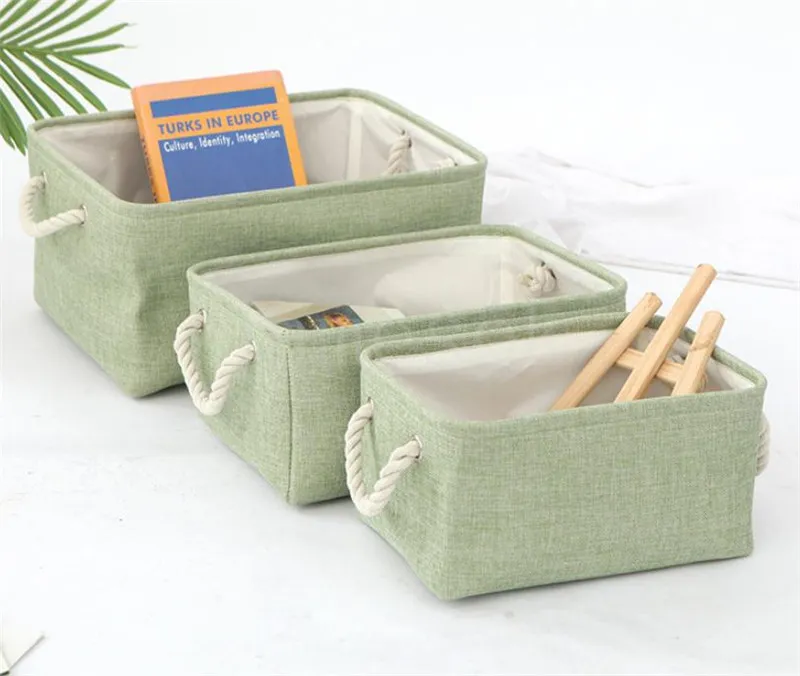 Solid color linen Sundries storage basket Folding fabric storage-basket Cotton linen storages sorting box de746