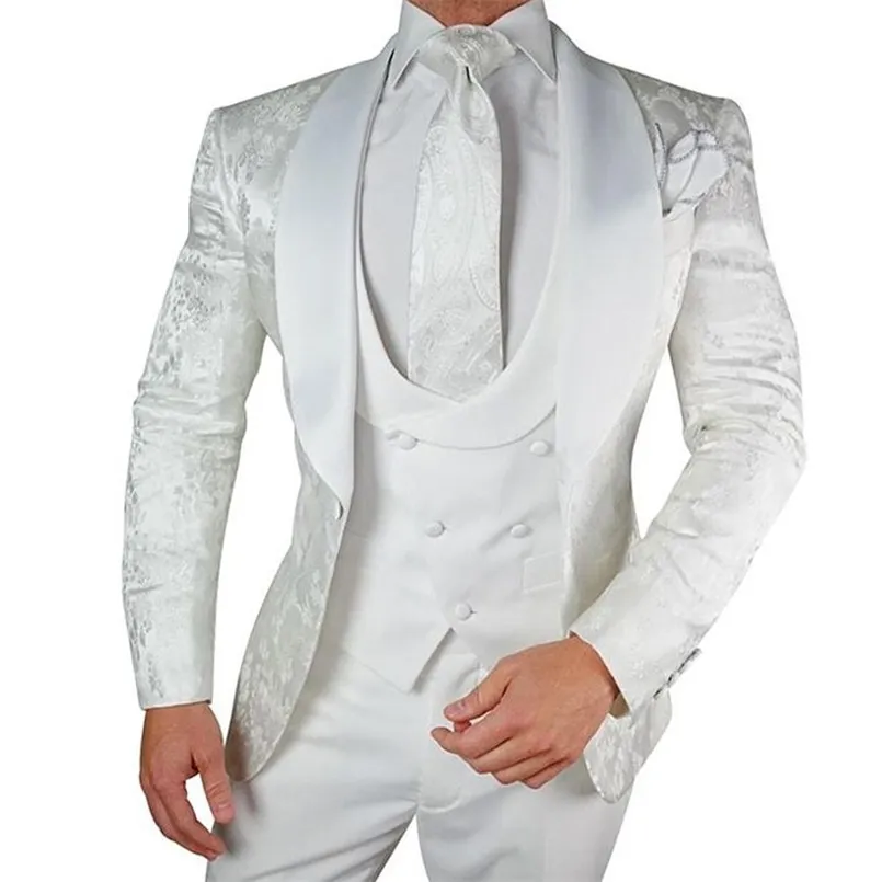 Men's Suits Blazers White Floral Wedding Tuxedo for Groom 3 Pieces Slim Fit Men Suits with Satin Shawl Lapel Custom Male Fashion Costume Jacket Vest 220909