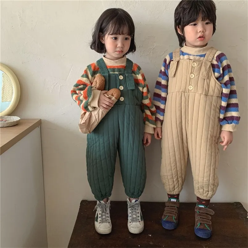 Overaller Autumn Winter unisex Solid Color Quiltade Overalls Korean Style Boys and Girls Warm Thick Casual Suspender Trousers 2-6y 220909