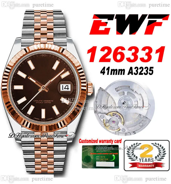 EWF Bara 126331 A3235 Automatisk herrklocka 41 Two Tone Rose Gold Fluted Bezel Brown Stick Dial Jubileesteel Armband Super Edition Samma Series Card Puretime B2