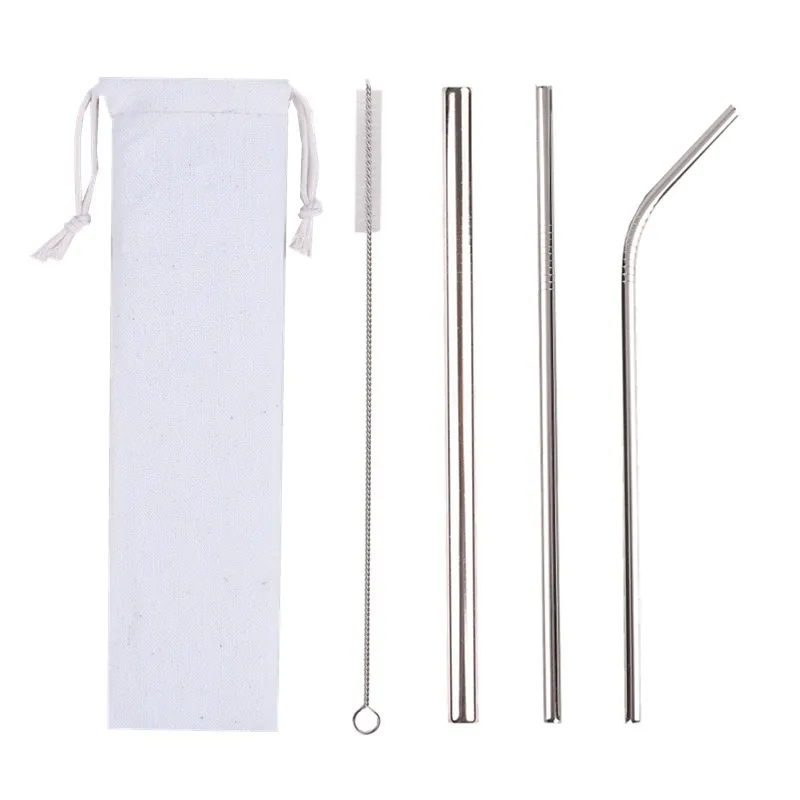 Reusable Stainless Steel Straw Set Straight Bent Pipe Cleaning Brush Metal Drinking Straws Set