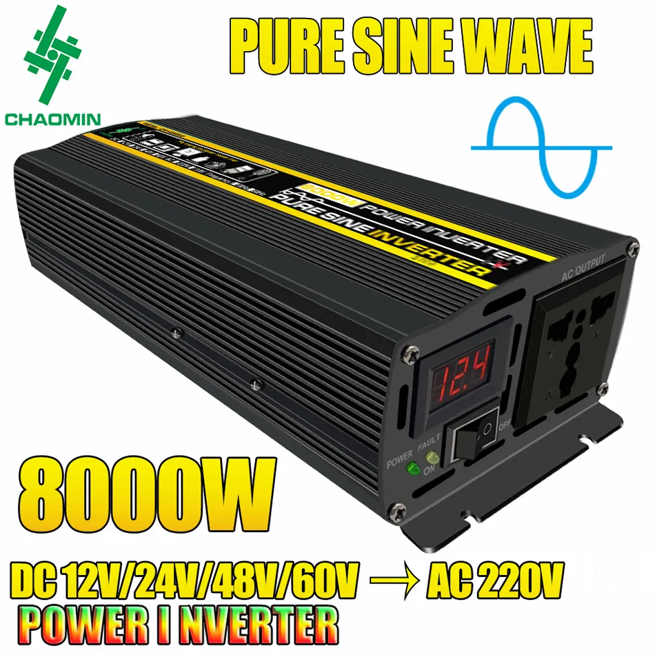Pure Sine Wave Power Inverter 8000W 4000W LCD Display Solar Inverter 12V 24V 48V till 220V spänningstransformator Bilavgiftskonverterare