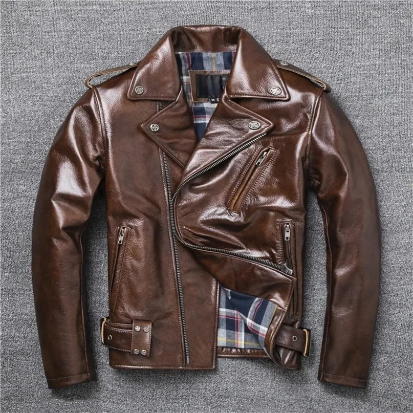 Men's Leather Faux Natural Oil Wax Calf Skin Jackets Vintage Yellow Brown Jacket Thick Turn Cowhide Slim Coats 220909