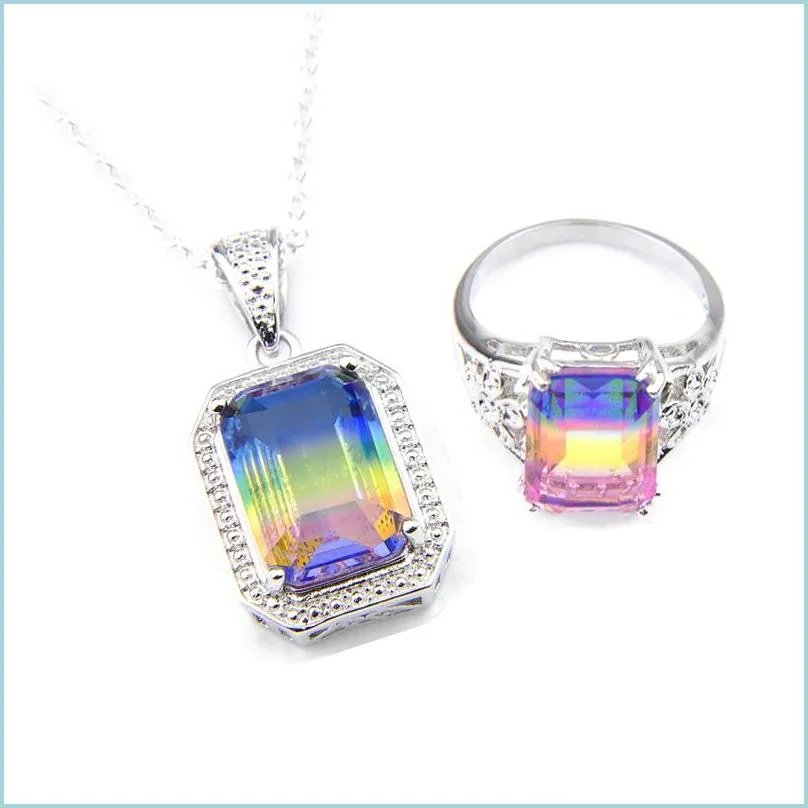 Andra smyckesuppsättningar Rainbow MTI 2st/Lot Rings Pendants Set Rec Bi Colored Tourmaline Vintage 925 Sier Chain Halsband smycken för WO DHJ15