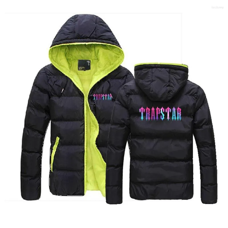 남자 재킷 트랩 스타 런던 2022 남자 겨울 컬러 블록 지퍼 후드 코튼 재킷 스웨트 셔츠 패딩 슬림 핏 캐주얼 따뜻한 코트
