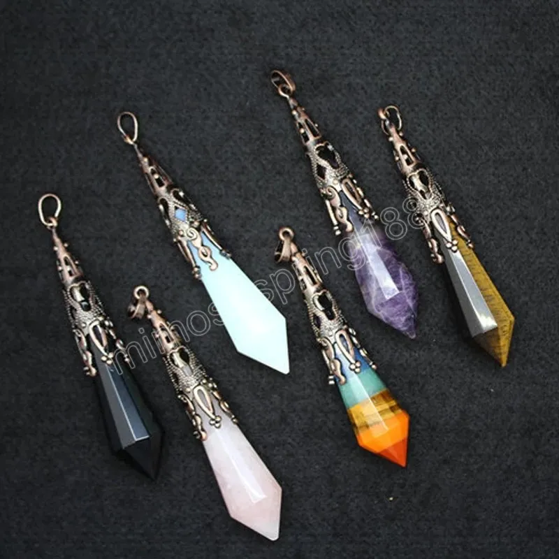 7 Chakras Natural Stone Pendulum Charms para Dowsing Divination Crystal Pillar Hexagonal Healing Point Reiki Pingente Pir￢mide Wicca