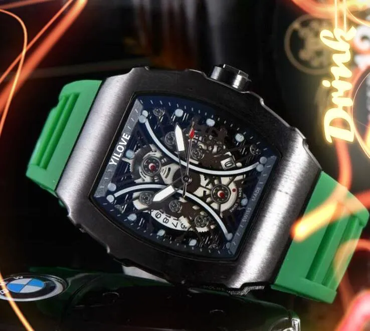 Trend Crime Orologio con movimento al quarzo a forma di barile 43 mm Orologio automatico da uomo business casual Teschio in gomma Regalo di compleanno da uomo Orologio da polso popolare da tavolo