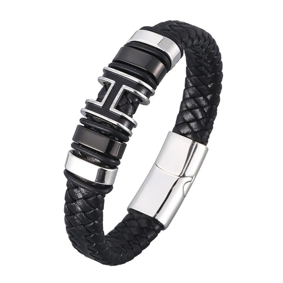 Genuine Braided Leather Bracelet for Men Stainless Steel Magnet Clasp H Charm Woven Bangle Trendy Male Wristband Jewelry SP0977241j